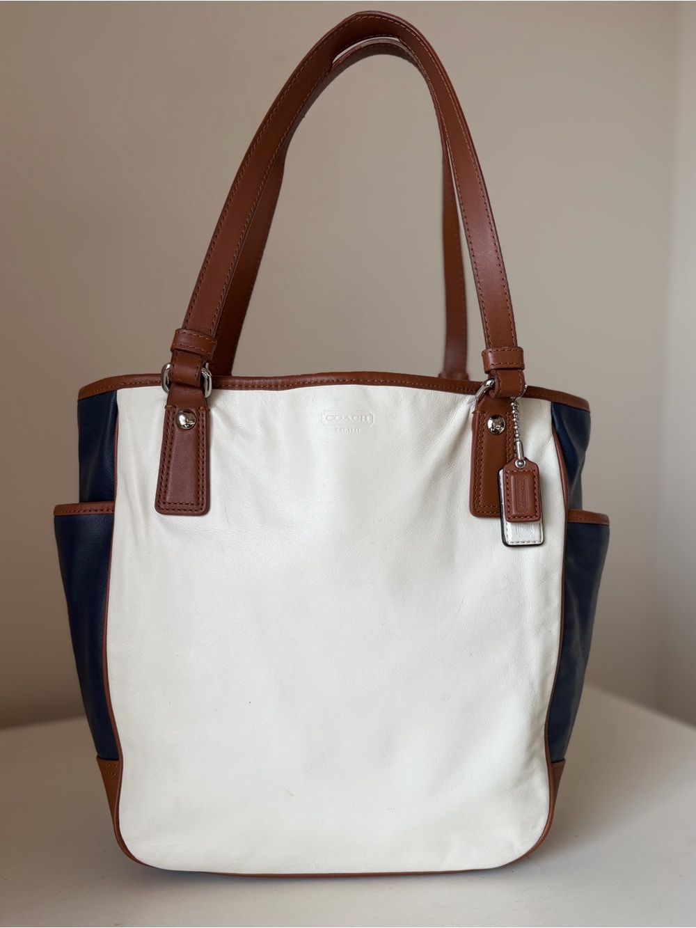 Coach Legacy Park Leather Tote #A1376-F23683 White, Brown & Navy Leather